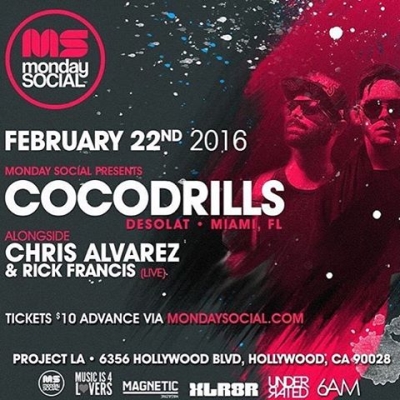 The legendary space Miami resident @cocodrills are spinnin tonight at @mondaysocial we'll see you there #projectclubla

VIP: 201.452.8163 | vip@projectclubla.com